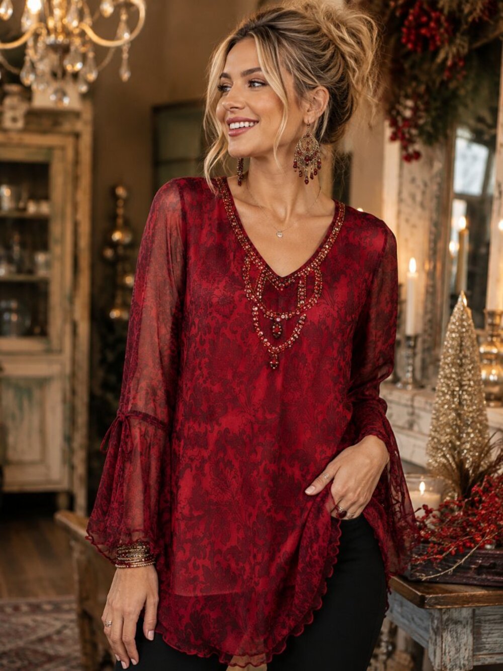 Separates NYC Red Damask Beaded Sheer Tunic Blouse Bell Sleeve Boho M/L - Picture 1 of 9